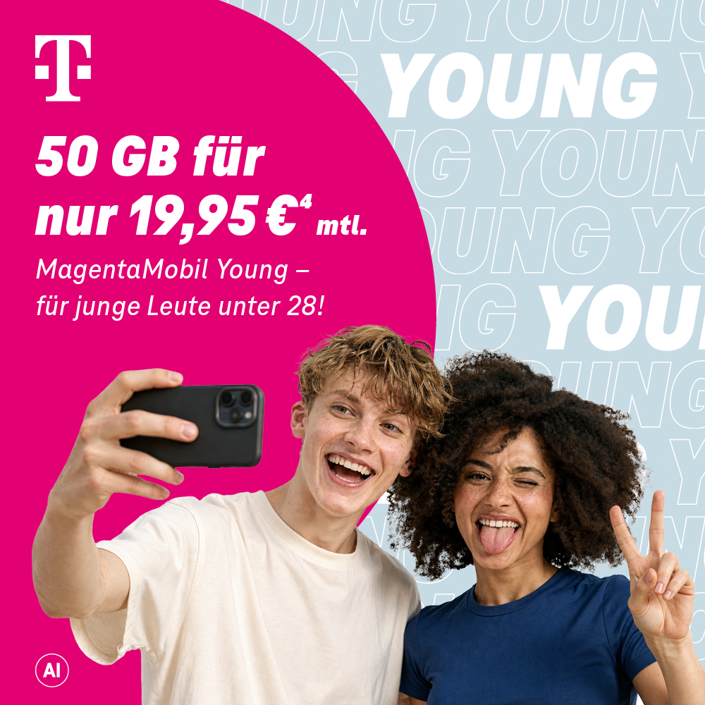 50 GB für nur 19,95 € monatlich (Fußnote 4). MagentaMobil Young – für junge Leute unter 28! Kennzeichnung in der Grafik: AI.