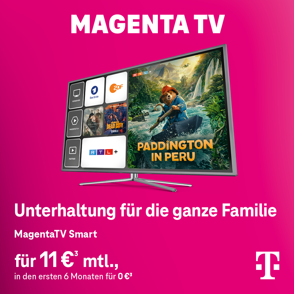 MagentaTV: Unterhaltung für die ganze Familie. MagentaTV Smart für 11 € monatlich, in den ersten 6 Monaten für 0 € (Fußnote 3). Auf dem abgebildeten Bildschirm: Das Erste, ZDF, MagentaTV+, RTL+, Partner und Paddington in Peru.
